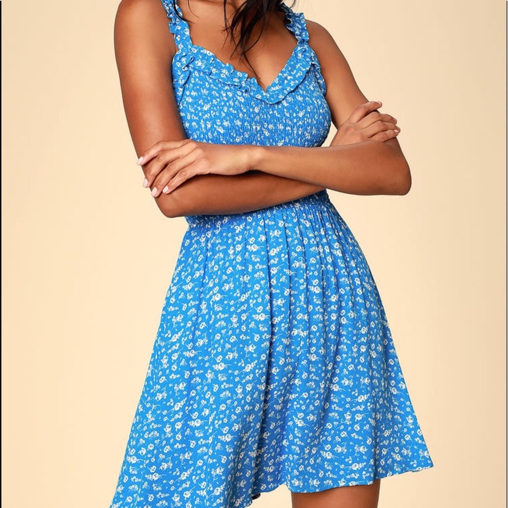 Mellie Blue Floral Print Smocked Mini Dress